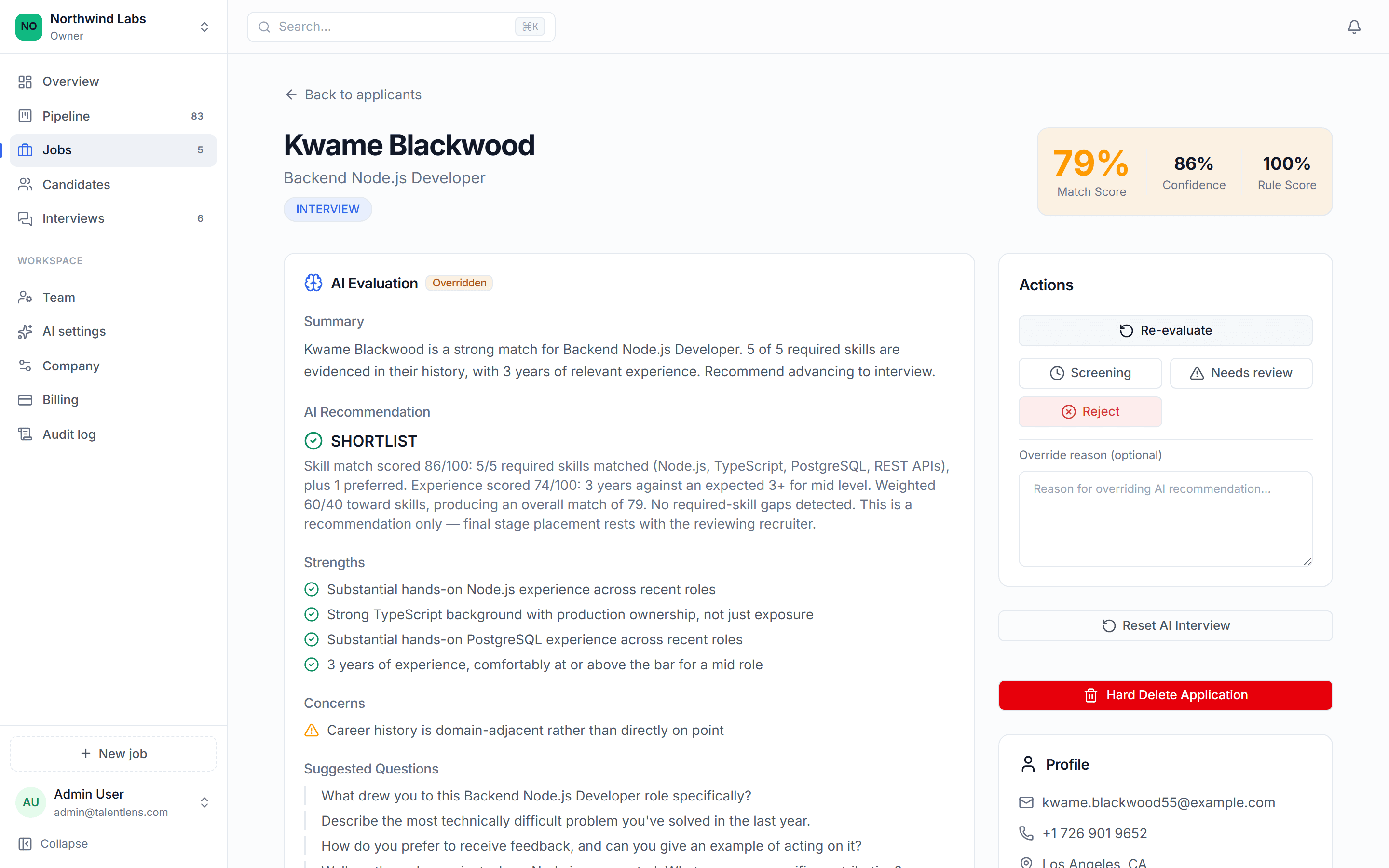 A candidate's AI evaluation showing the match score, matched and missing skills, and the written reasoning